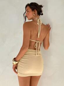 Aloruh Women's Golden Mini Party Dress, Sexy And Elegant For Graduation, Wedding, Prom Season, Spring/Summer - Gold - View 2