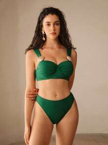 Anewsta Women's Summer Beach Solid Color Ruched Metal Shell Sexy Bikini Set With Cover-Up And Skirt - Green - View 3