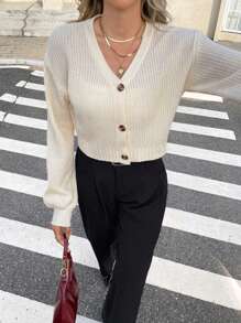 Serisse Solid Drop Shoulder Button Up Crop Cardigan,Long Sleeve Tops,Knitted Sweater In Fall/Winter Casual Spring - Beige - View 6