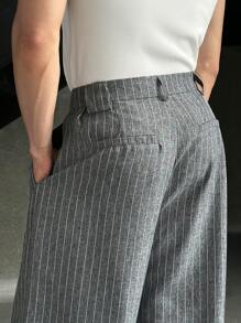 EASEVO 大码男士条纹褶皱口袋阔腿宽松休闲裤 - 灰色 - 查看 3