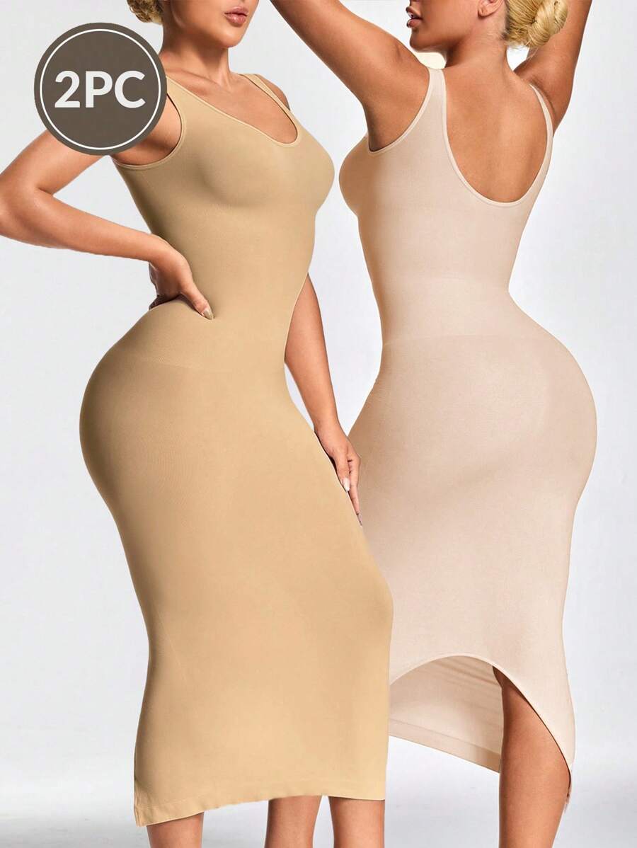 SHAPORA 2 Packs Women's Solid Color Elastic Slit Bodycon Tank Dress, Shaping - Multicolor - View 1