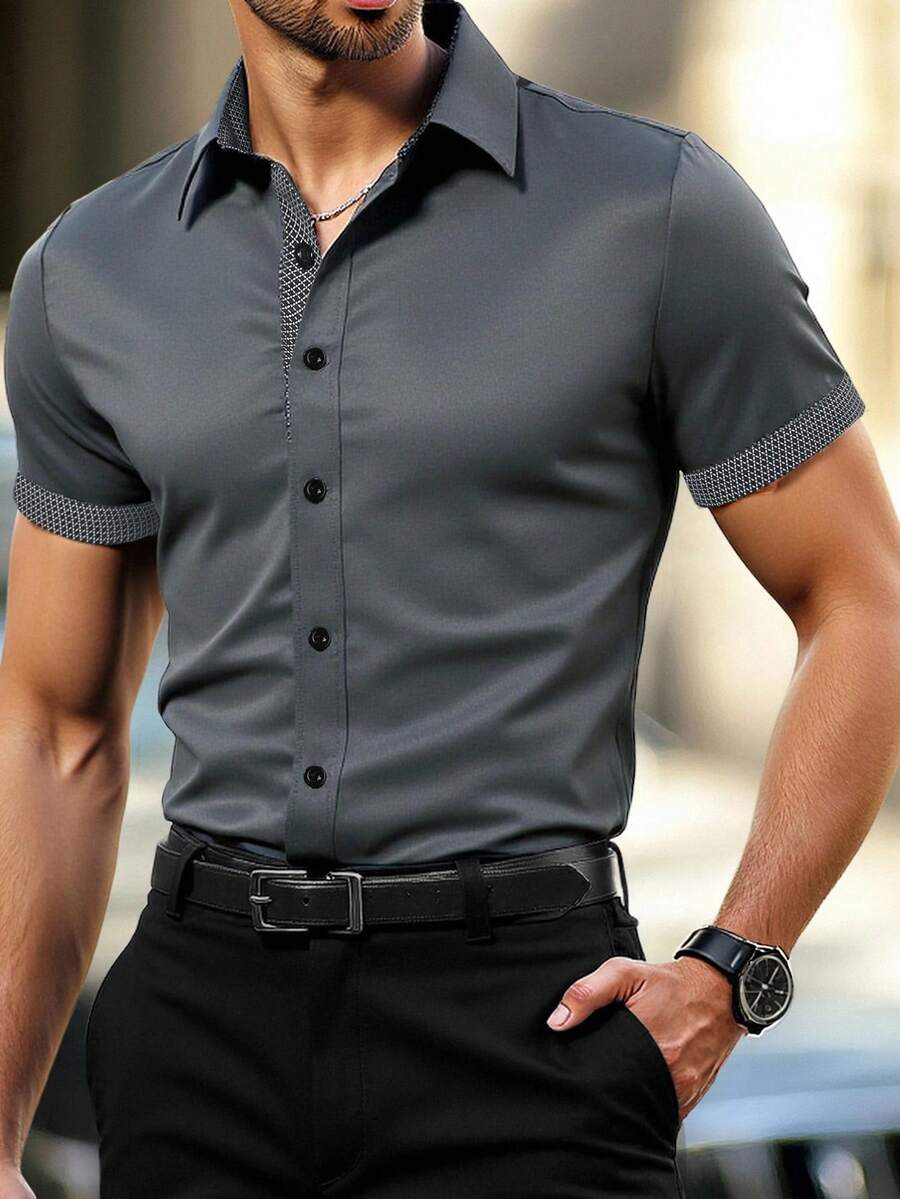 Manfinity Mode 男士休閒街頭風短袖正式襯衫,夏季襯衫,儀式穿搭 - 深灰色 - 查看 1
