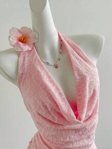 Flirla Nuevo vestido mini de verano para mujeres de encaje transparente, dulce, para uso diario y vacaciones, con cuello halter y espalda descubierta - Rosa - Ver 8