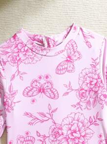 小女孩夏季海滩度假可爱蝴蝶结花卉数码印花3D蝴蝶结荷叶边拉链连体泳衣