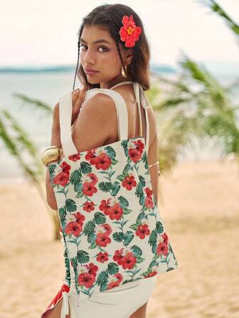 The White Lotus Bolso reutilizable de tela con estampado floral chino rojo, bolso de hombro de lona con estampado floral diminuto, bolso de compras