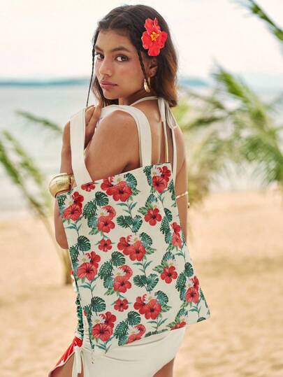 The White Lotus Bolso reutilizable de tela con estampado floral chino rojo, bolso de hombro de lona con estampado floral diminuto, bolso de compras