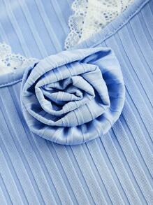 SHEIN MOD Neck Tie Lace Patchwork Collar Long Sleeve Cinched Waist A-Line Light Blue Sweet Dress - Baby Blue - View 3