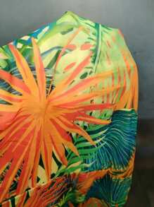 SHEIN Beach Vacation Outfits: Women Tropical Plant Print Spaghetti Strap Dress & Cover Up