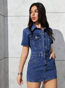 SHEIN PETITE 女式夏季短袖单排扣休闲牛仔连衣裙 - 藍色 - 查看 6