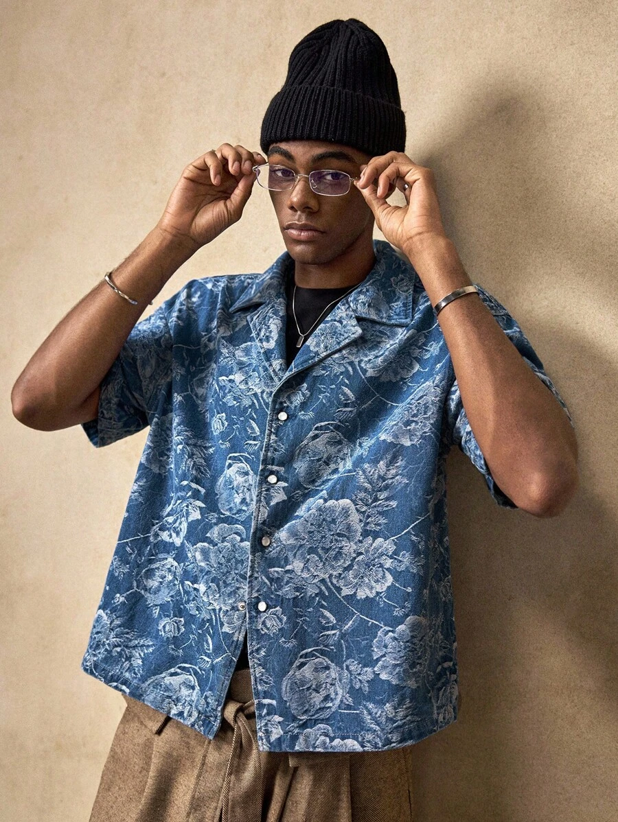 AKNOTIC Business Casual 年轻男士休闲宽松短袖开襟衬衫男士花衬衫男士夏季衬衫男士纽扣衬衫男士夏威夷衬衫男士热带衬衫 - 深色水洗藍 - 查看 1