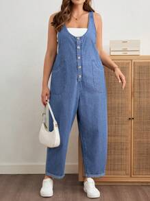 EMERY ROSE Mature Denim Bộ đồ liền thân denim hai túi thường ngày mùa hè cỡ lớn - Rửa trung bình - Xem 7