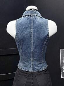 SHEIN EZwear Vintage Washed Denim Blazer Jacket - Medium Wash - View 2