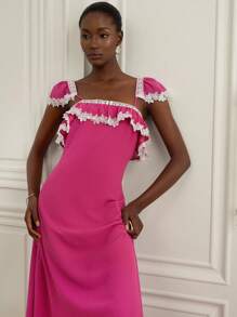 GENKIRA Women's Pink Elegant Lace Tea Party Summer Fuchsia Floral Lace Trim Bohemian Style Fitted Sleeveless Dress,Sundress,Country Music Festival Beach - Hot Pink - View 6