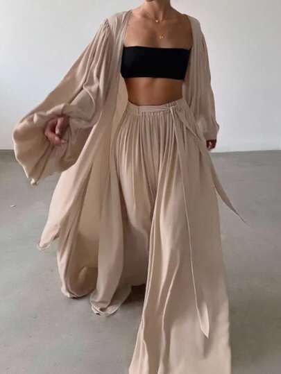 INAWLY 1 Set Plus Size Women Casual Daily Solid Color Romantic Vacation 2 Pieces Set Fall Cloth For Women