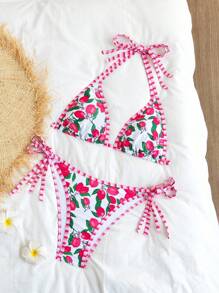 Women's Fashionable Sexy Bikini Set, Tie-Decorated Sweet Fruit Print, Stretchy Fabric, Summer - Multicolor - View 6