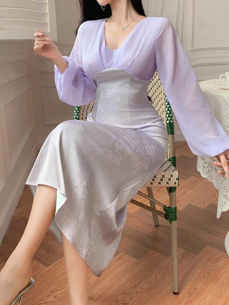 Women's Elegant Contrast Color V-Neck Lantern Sleeve Fish Tail Hem Mid-Length Dress Long Sleeve Dress Maxi Dress