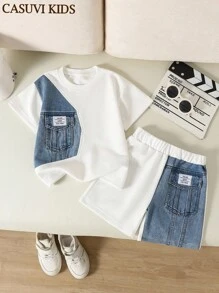 SHEIN 2 件套年轻男孩休闲简约格纹印花 Polo 衫和短裤套装，复古学院风，适合春夏日常穿着 - 白色 - 查看 3
