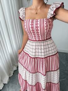Elenzga Plus Size Women Ruffle Strap Square Neck Sleeveless Print Dress - Multicolor - View 6