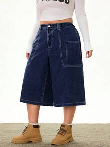 Rivivi Plus Size Women Pocket Patchwork Loose Washed A-Line Wide Leg Jeans