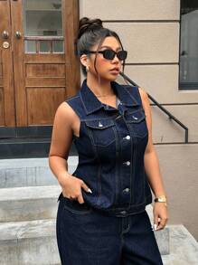 SHEIN ICON Chaqueta de mezclilla tipo chaleco con botones delanteros y bolsillo con solapa para tallas grandes de estilo informal y a la moda - Azul lavado oscuro - Ver 3