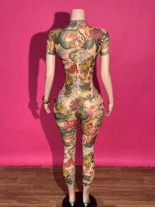Slaydiva Nuevo mono de verano ajustado para mujer con estampado de dragón en malla transparente, de cuello alto, manga corta y pantalón corto, para festivales de música callejeros y de primavera y verano