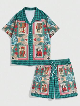Street Life 2pcs Men's Casual Short Sleeve Shirt And Loose Drawstring Shorts Set