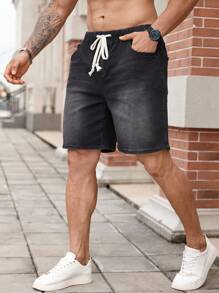 Manfinity Homme 大码男士纯色口袋抽绳腰休闲牛仔短裤男士短裤抽绳腰部 - 黑色 - 查看 4