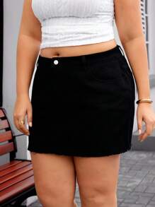 SHEIN Essnce Plus Size Women Pockets Casual Versatile Denim Mini Skirt - Black - View 5