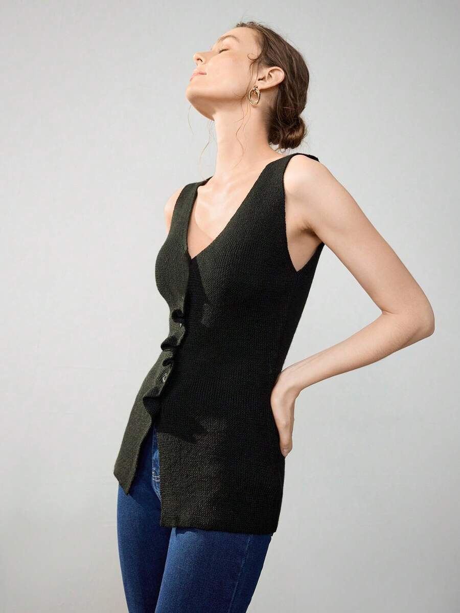 Uhlyne 优雅V领纯色羊毛针织开衫，适合商务女性，夏季和秋季穿着，简约风格，商务休闲，假日、工作、教师、返校、秋季，尽显老钱气质。