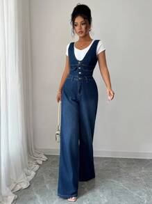 Elenzga Bộ đồ liền thân denim loe không tay cổ chữ V cài nút thường ngày cho nữ - Rửa tối - Xem 3