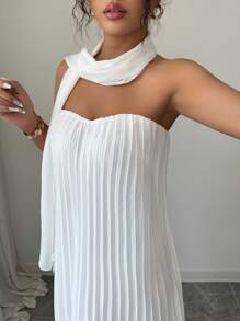 Elenzga Damen Midi-Kleid mit einfarbigem plissiertem Trägerkleid, eleganter Stil