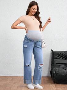 SHEIN 孕妇装撞色口袋做旧直筒休闲牛仔裤 - 中等水洗藍 - 查看 4