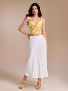 KHADIJA Solid Color Satin Knot Ruched Sleeveless Sexy Women Summer Backless Yellow Top