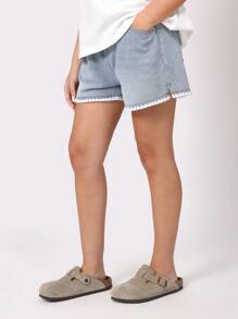 SUMWON 钩针装饰中长款牛仔短裤青少年女孩夏季休闲沙滩节宽松破洞裤 - 淺藍色 - 查看 3