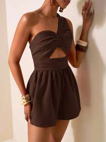 Zivah 2025 Spring/Summer New Music Festival, Easter, St. Patrick's Day, Western, Nomadic, Birthday Party, Graduation Season, Collegiate, Student Wear, Casual Daily, Basic Versatile, Leisure, Cruise Travel, Beach, Sun-Bask, Viral Online Hit, Street Style, Elegant Green Textured Fabric One Shoulder Pleated Design Waist-Cinching Wide-Leg Shorts Jumpsuit B Brown Romper Women - Brown - View 6