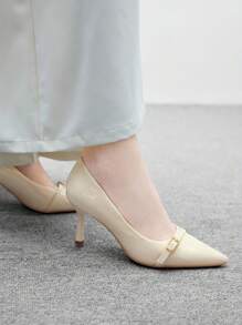 CUCCOO BIZCHIC Sepatu hak tinggi ramping berujung runcing warna krem untuk wanita, bertali gesper, sepatu kerja kantor yang elegan dan serbaguna, sepatu musim semi. - Krem - View 5