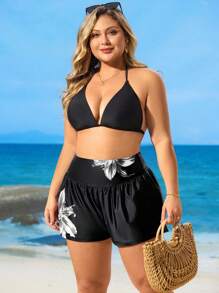 Swim SPRTY 大码女式百合印花褶饰比基尼泳裤 - 黑與白 - 查看 5