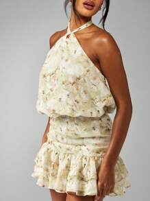 MISSGUIDED Vestido mini de cuello halter de gasa floral para fiesta de verano con volantes en el bajo, vestido de invitada de boda de primavera, sin mangas, para jardín y té de tarde - Multicolor - Ver 4