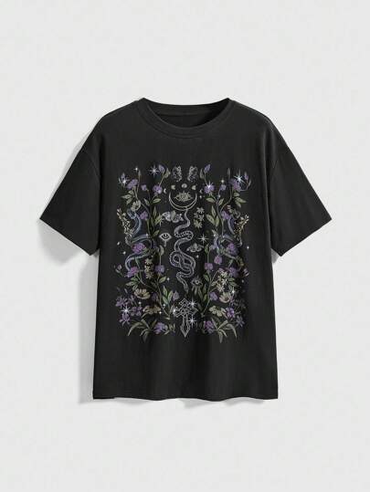 T-shirt long noir gothique style floral et imprimé serpent lune pour femmes