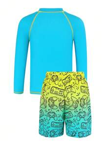 青少年男童两件套泳衣套装 - 电子游戏印花泳裤（带防晒衣），夏季沙滩装 - 青碧色 - 查看 2