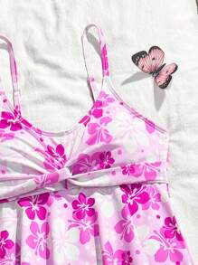 SHEIN Conjunto de camisola y tankini para adolescentes, con estampado floral y vegetal, atuendo casual para la playa, fiesta en la piscina, regalo de color dopamínico - Morado - Ver 4