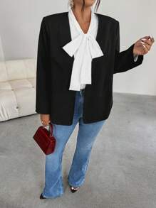 Firerie Blazer long basique pour femmes grandes tailles, noir minimaliste élégant et romantique pour l'automne/l'hiver - Noir - Voir 4