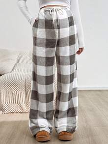 SHEIN Autumn And Winter  Maternity Plaid Print Drawstring Waist Pocket Pants, Warm For Autumn And Winter Plaid Pants Fleece Pants Pajama Pants Checkered Pants Lounge Pants