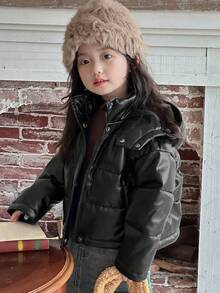 Dazy Kids Young Girl Plain Pocket Hooded Winter Long Sleeve Padded Coat Leather Jacket - Black - View 2
