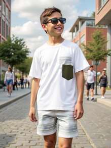 2 件套青少年男孩休闲百搭圆领口袋 T 恤和短裤套装，适合通勤、上学、日常穿着、运动、春夏季