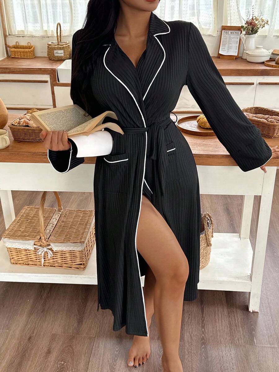 Women's Casual Color Block Trim Bathrobe, Fall, Cozy Outfits