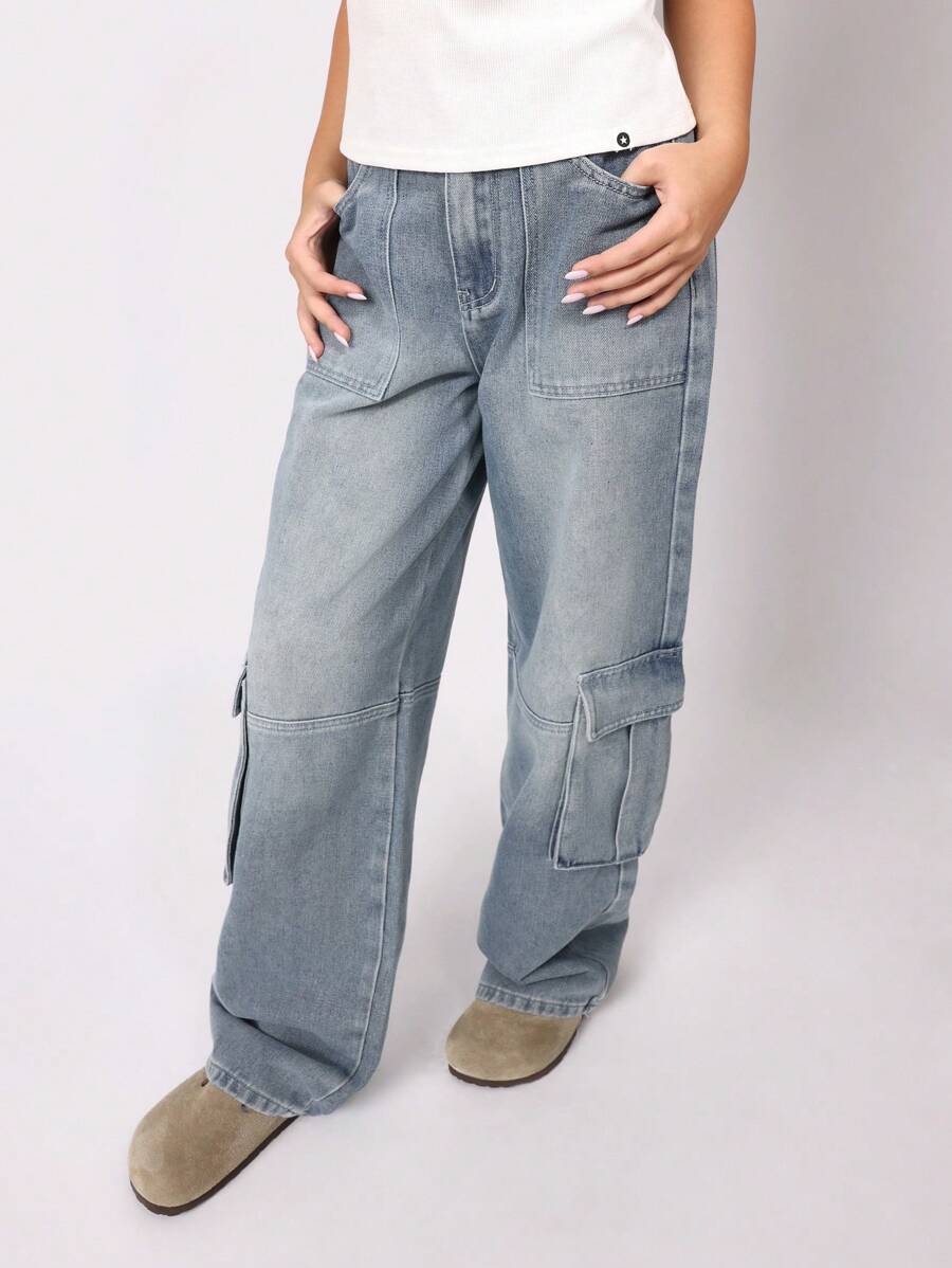 SUMWON Youth Cargo Denim Pants Loose Baggy Y2K Streetwear Festival Wide Leg Utility Jeans Fall Winter Casual Everyday Pant