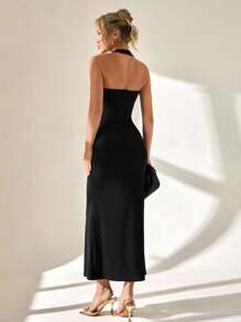 CLARA VERO Vestido largo negro, cuello halter, espalda abierta, elegante, para mujer, primavera, verano, dorado