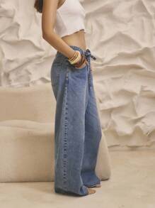 Aralina 冬季/夏季束带筒形牛仔裤 - 中等水洗藍 - 查看 8