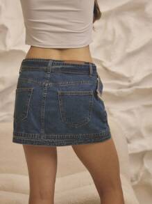 Aralina Winter / Summer Belted Seam Deatil Button Front Micro Mini Denim Skirt - Medium Wash - View 9